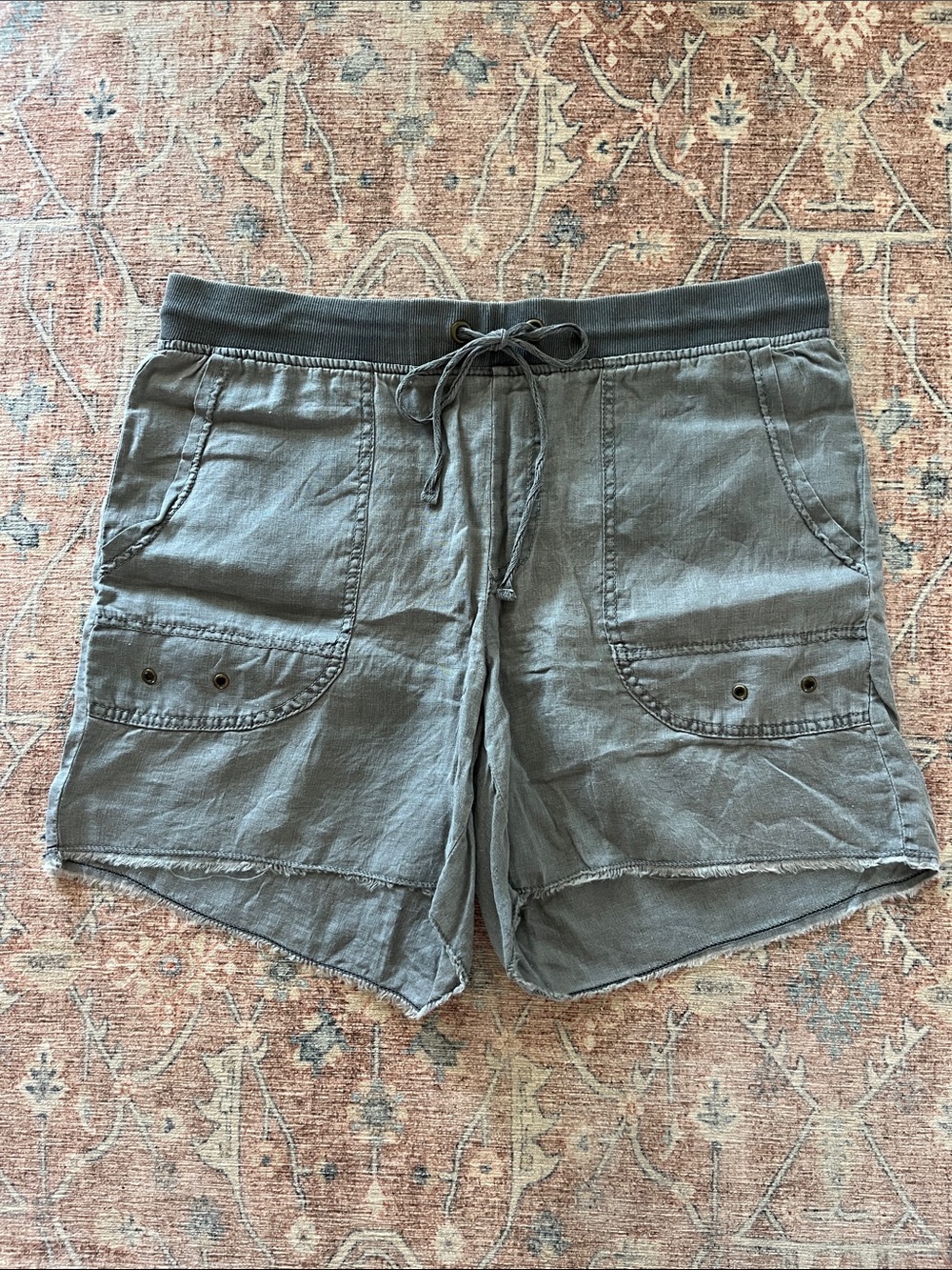 XCVI Blue/Gray Utility Drawstring Linen Shorts